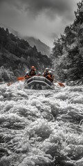 Group of sportsmen enjoy thrill of white water rafting together, guided by instructor through...