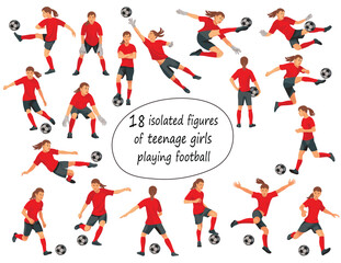 18 isolayed figures of teenage girl football players and goalkeepers in red t-shirts standing, running, hitting the ball, jumping