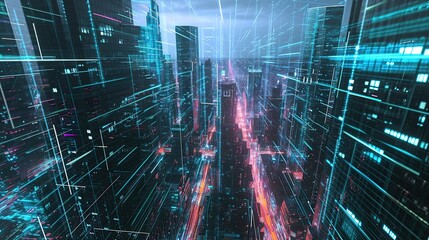 Cybernetic city. Anti-design, art, abstract, hologram, skyscraper, cyberpunk, hacking, virtual reality, matrix, futurism. Generated by AI
