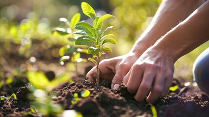 A close-up of hands planting a tree sapling. 