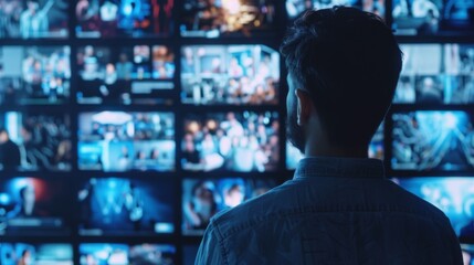 Man Standing in Front of Wall of Televisions - obrazy, fototapety, plakaty