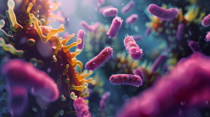 Macro view of healthy gut bacteria and microbes - obrazy, fototapety, plakaty