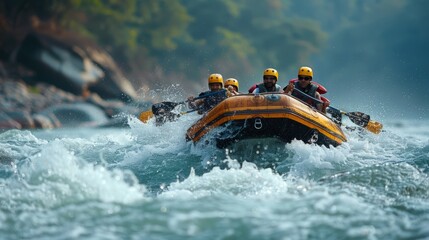 Group of men and women enjoy thrill of white water rafting together, guided by experienced instructor through challenging rapids.
