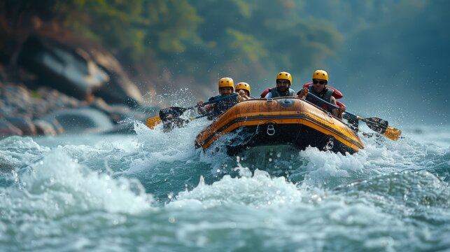 Group of men and women enjoy thrill of white water rafting together, guided by experienced instructor through challenging rapids.