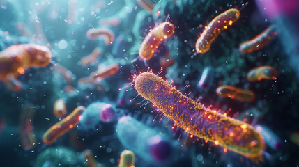 Naklejka na ściany i meble Macro view of healthy gut bacteria and microbes