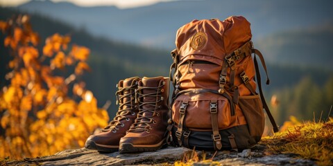 backpack and hiking boots at the base of a mountain trail - obrazy, fototapety, plakaty
