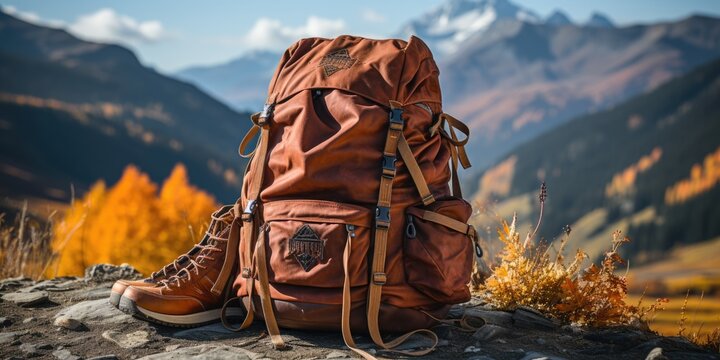 backpack and hiking boots at the base of a mountain trail