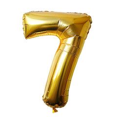 Number 7 gold foil balloon on transparent background.