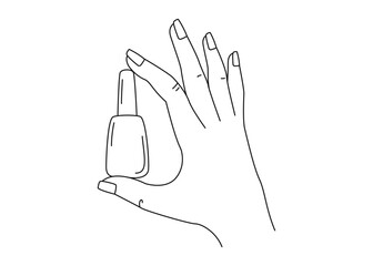 Linear drawing of a hand and nail polish. Woman's hand holding bottle of nail polish. Manicure. Illustration for a beauty salon