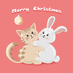 Easter card, rabbit and cat