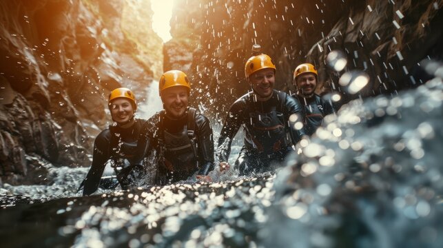 Group of excited people in helmets and navigating water rafting adventure with their experienced guide team on rushing river.