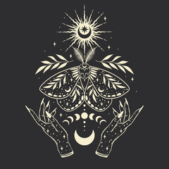 Mystic moth vector illustration. Magic moon, occult, print, poster.