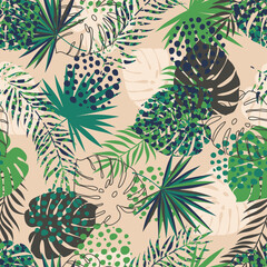Green pattern with tropical leaves and abstract strokes. Monstera pattern