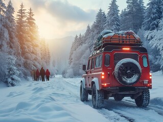 friends in the car, on the road with bags and luggage. outdoor equipment such as tents, skis, snowboards on the vehicle - Powered by Adobe
