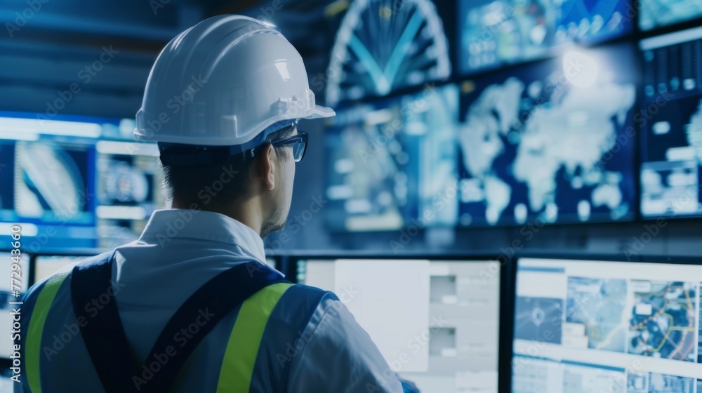 Poster Man in Hard Hat Observing Multiple Monitors