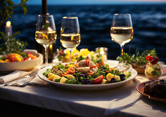 Luxury dinner on the mediterranean sea with wine and snacks