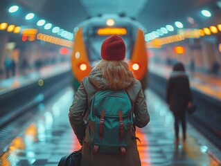 traveler with backpack in the railway, Backpack and hat at the train station with a traveler, Travel concept