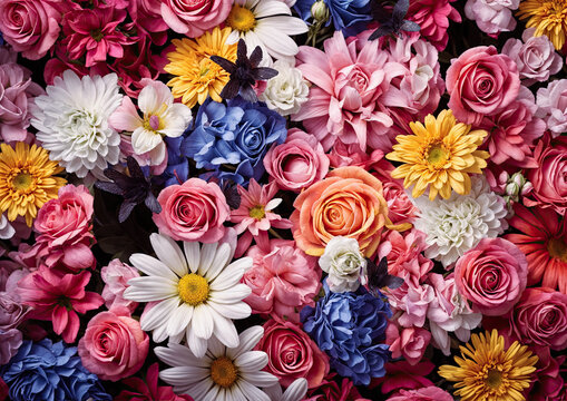 Beautiful multicolored flowers as a background. Top view.