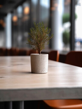 A plant in the pot on the table ina restaurant 