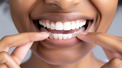 Young African American woman inserting a dental aligner. Close-up view. Perfecting her smile, one aligner at a time.