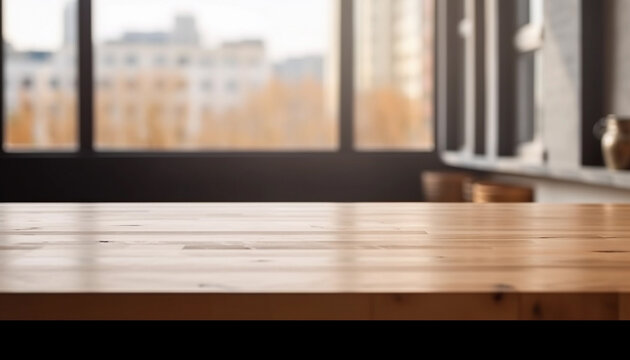 A interior design with a empty wooden table in the foreground and window with landscape view as background