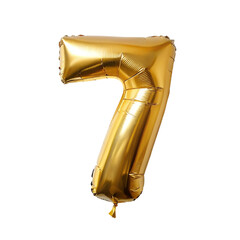 Number 7 gold foil balloon on transparent background.