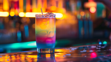 A captivating cocktail with layered rainbow colors served in a tall glass, set against the backdrop of a lively bar's ambient lights.
