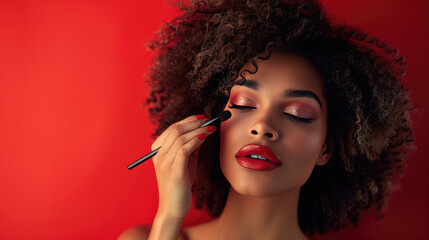 A woman with red hair and dark skin is applying makeup