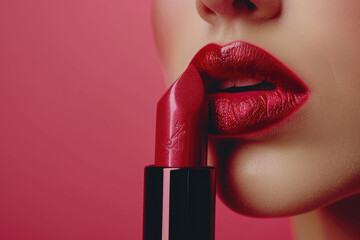 A woman is holding a red lipstick