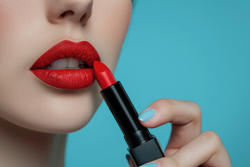 A woman is holding a red lipstick in her mouth - 772944640