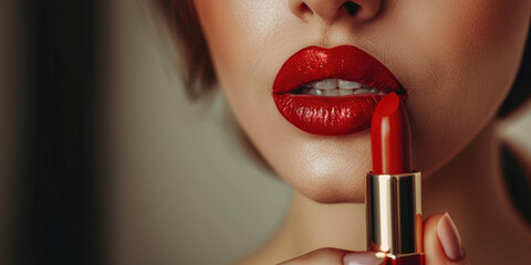 A woman is holding a red lipstick - 772944689