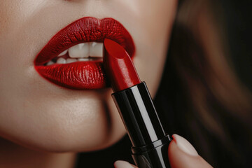 A woman is holding a red lipstick - 772944692