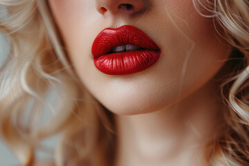 A woman with long blonde hair and red lipstick
