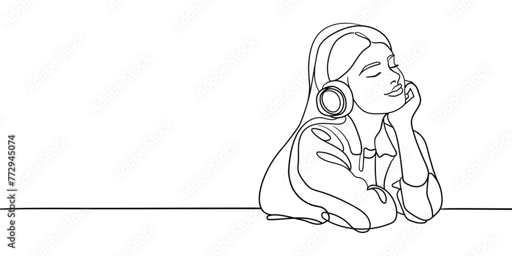 Wall mural teenage girl listening to music continuous line art drawing isolated on white background. vector ill