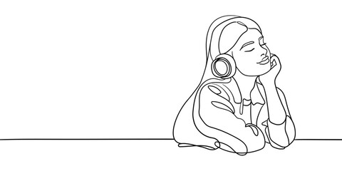 Teenage girl listening to music continuous line art drawing isolated on white background. Vector illustration