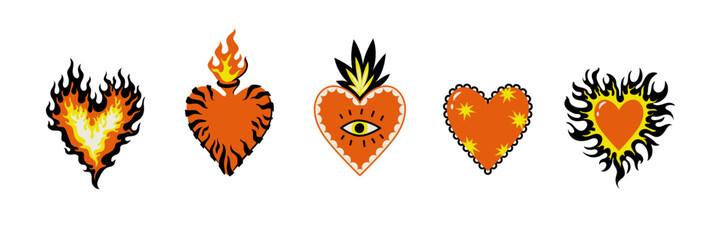 Boho celestial magic art mexican sacred hearts with stars eyes flame fire. Contemporary illustration sticker in naive bohemian style. Mystic cosmic tarot aesthetic. Black red white yellow colors