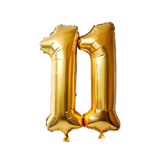 Fototapeta premium Number 11 gold foil balloon isolated on transparent background. Helium balloon font.