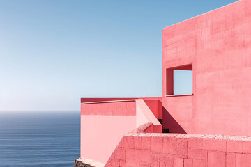 a pink building with a window and a body of water
