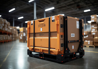 Orange box on pallet in warehouse, freight transportation and distribution warehouse
