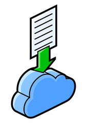 Cloud and paper icon in isometry. Uploading information and files. Image for website, app, logo, UI design.