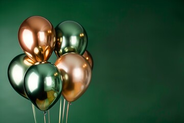 Green and gold metallic balloons on a green background.
