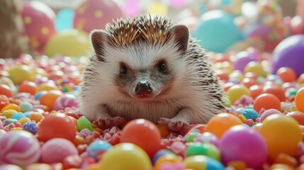 satisfied Hedgehog the Explorer indulging in a candy-filled celebration, showcasing the hedgehog's cute snout and tiny paws - obrazy, fototapety, plakaty