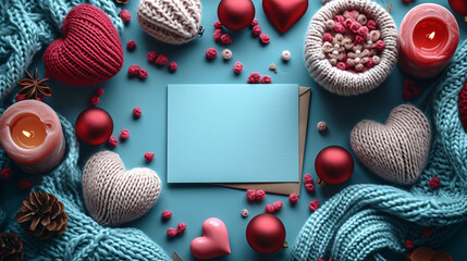 a blue card with knitted hearts and balls around it