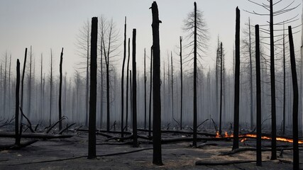 Blackened charred trees and plants after a fire