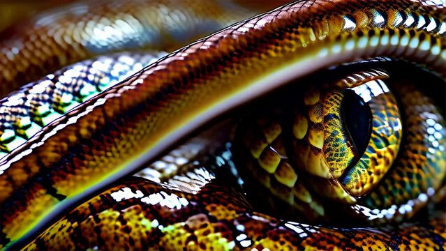 Detailed macro photography of a coiled python skin, highlighting the vibrant scales and textures.