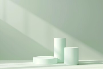 Fototapeta premium Several geometric pastel-green podiums on a monochrome background. 