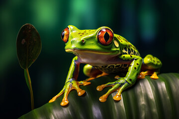 a green frog on a leaf