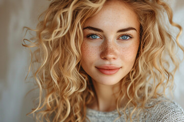 a woman with freckles and curly blonde hair