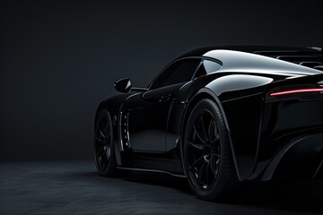 Close-up of a black sports car on a dark background.
