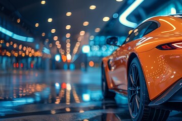 Close-up side view of an orange sports car parked in an illuminated urban parking lot at night.
